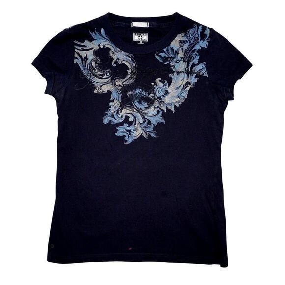 Y2K Converse One Star Baroque Graphic T-Shirt  XS – Black & Blue Scroll Print - Picture 1 of 3